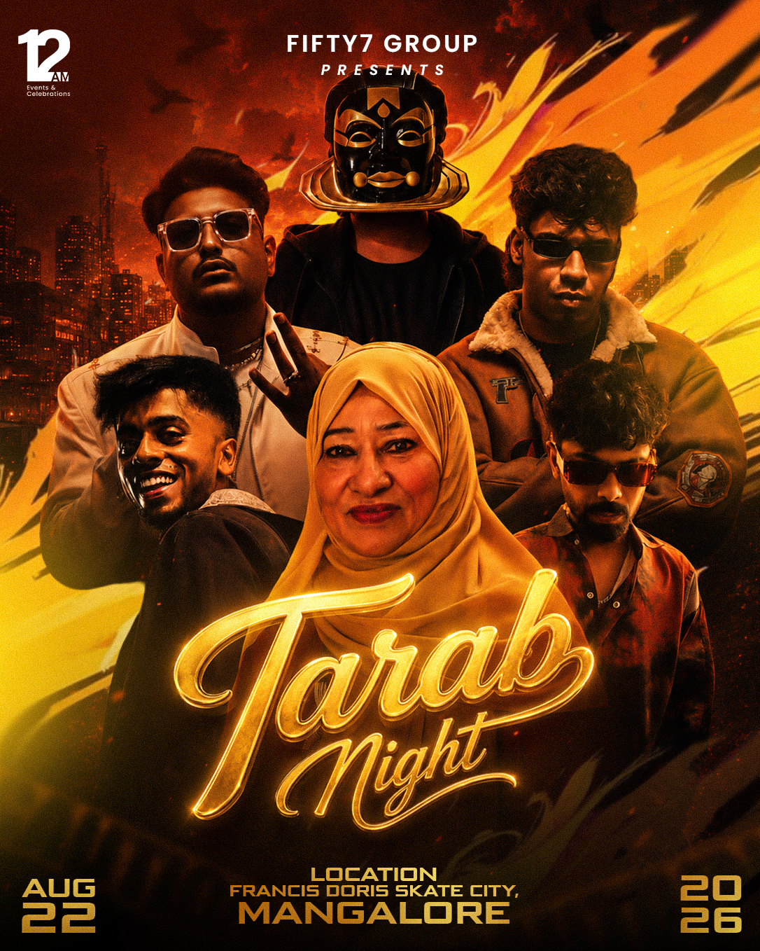 Tarab Night — official event poster featuring the lineup, date 22 August 2026, at Francis Doris Skate City, Mangalore